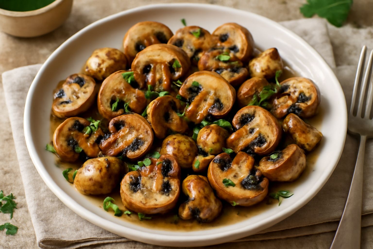 Funghi prataioli rosolati in padella, dorati su entrambi i lati, con aglio affettato sottile, prezzemolo fresco verde, condimento con olio leggero, serviti in un piatto bianco di ceramica