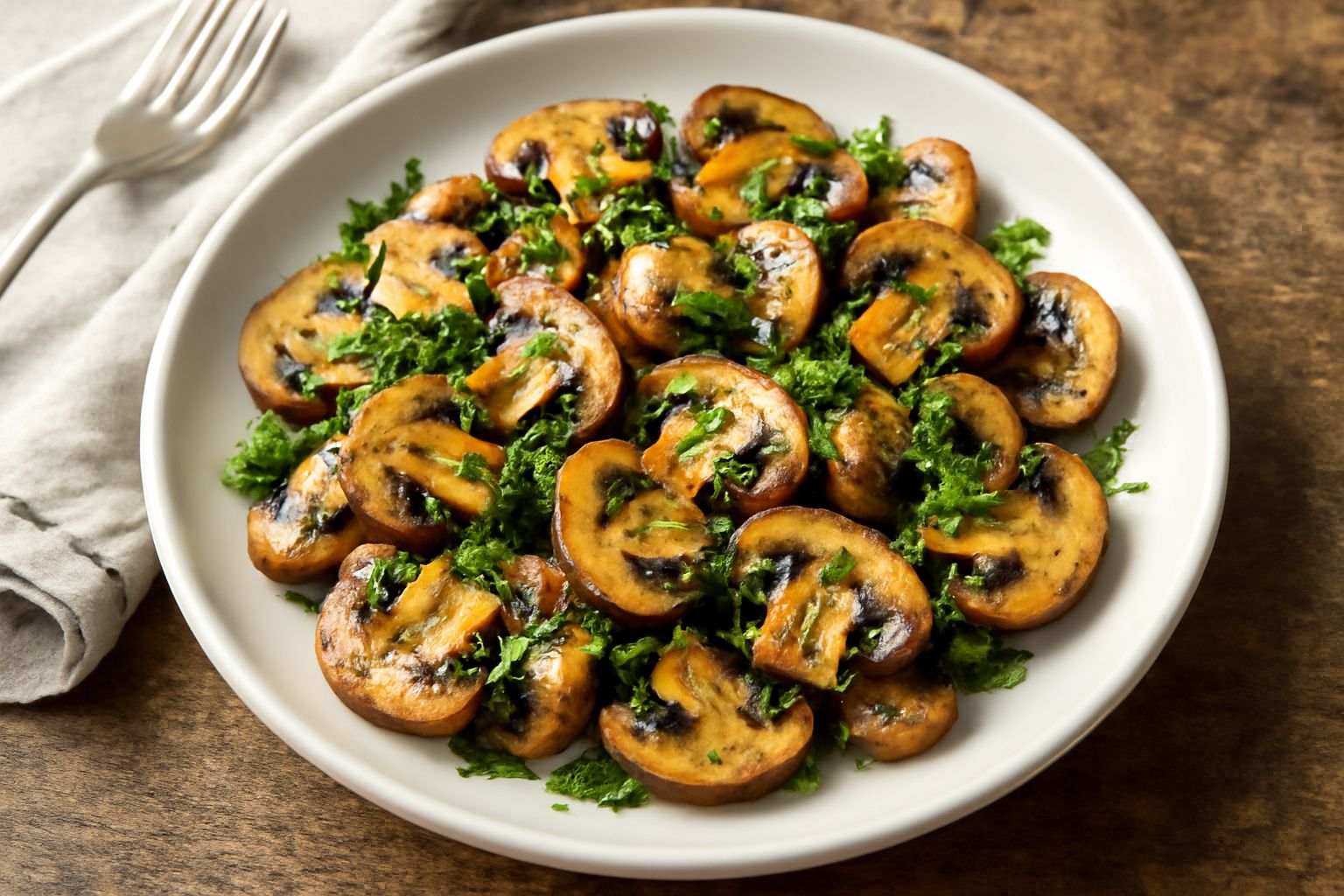 Funghi prataioli trifolati color dorato in una ciotola bianca, con prezzemolo fresco verde e gocce di olio d'oliva, su fondo neutro