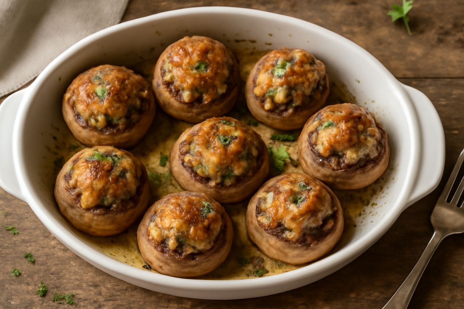Sei funghi porcini champignon ripieni di pangrattato dorato, disposti in una pirofila bianca, con guarnizione di prezzemolo fresco verde e un filo d'olio extravergine