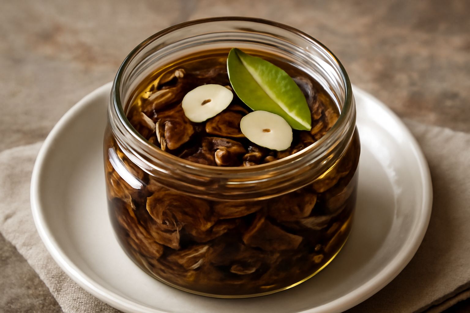 Barattolo di vetro con funghi scuri sott'olio dorato, erbe aromatiche visibili, funghi immersi completamente nel liquido, sfondo bianco neutro