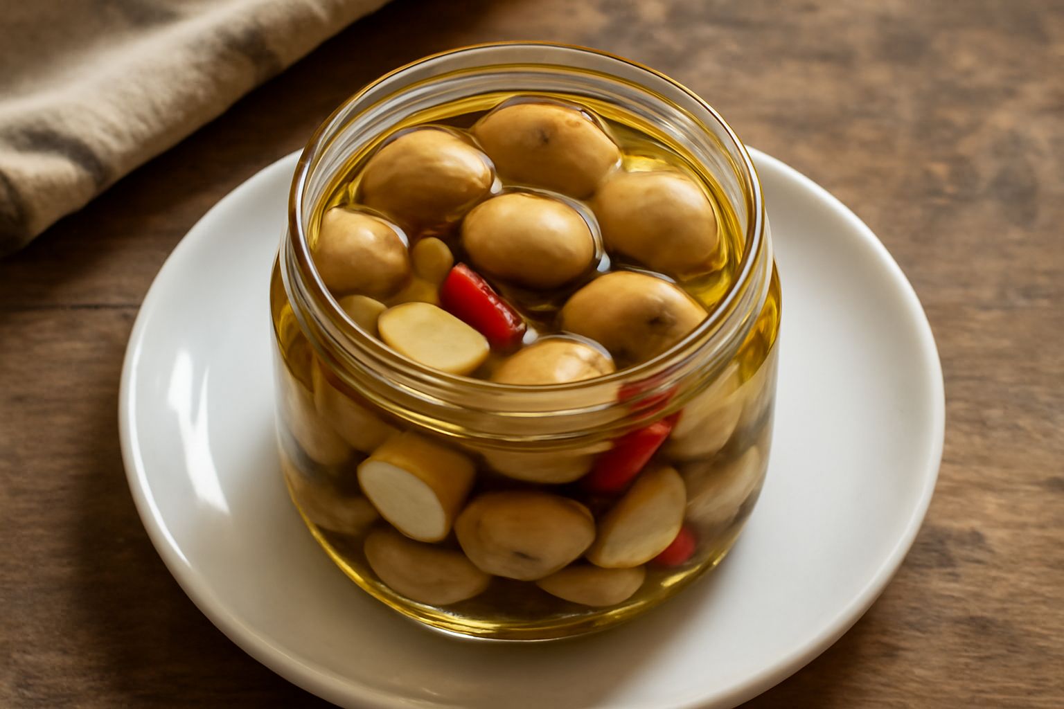 Funghi champignon e porcini sott'olio in vaso di vetro trasparente, ricoperti da olio dorato, con spicchi d'aglio e peperoncini rossi visibili, e un cucchiaio di legno appoggiato accanto