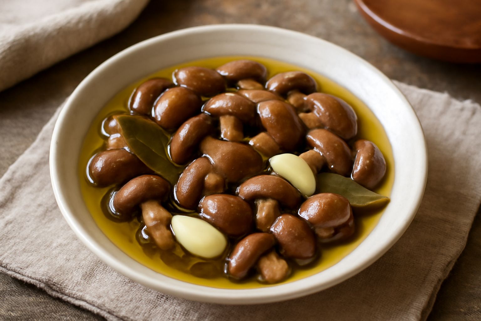 Barattolo di vetro trasparente con funghi marroni pieni d'olio limpido, guarniti da uno spicchio d'aglio e una foglia di alloro, su sfondo di legno chiaro con accanto un cucchiaio di legno