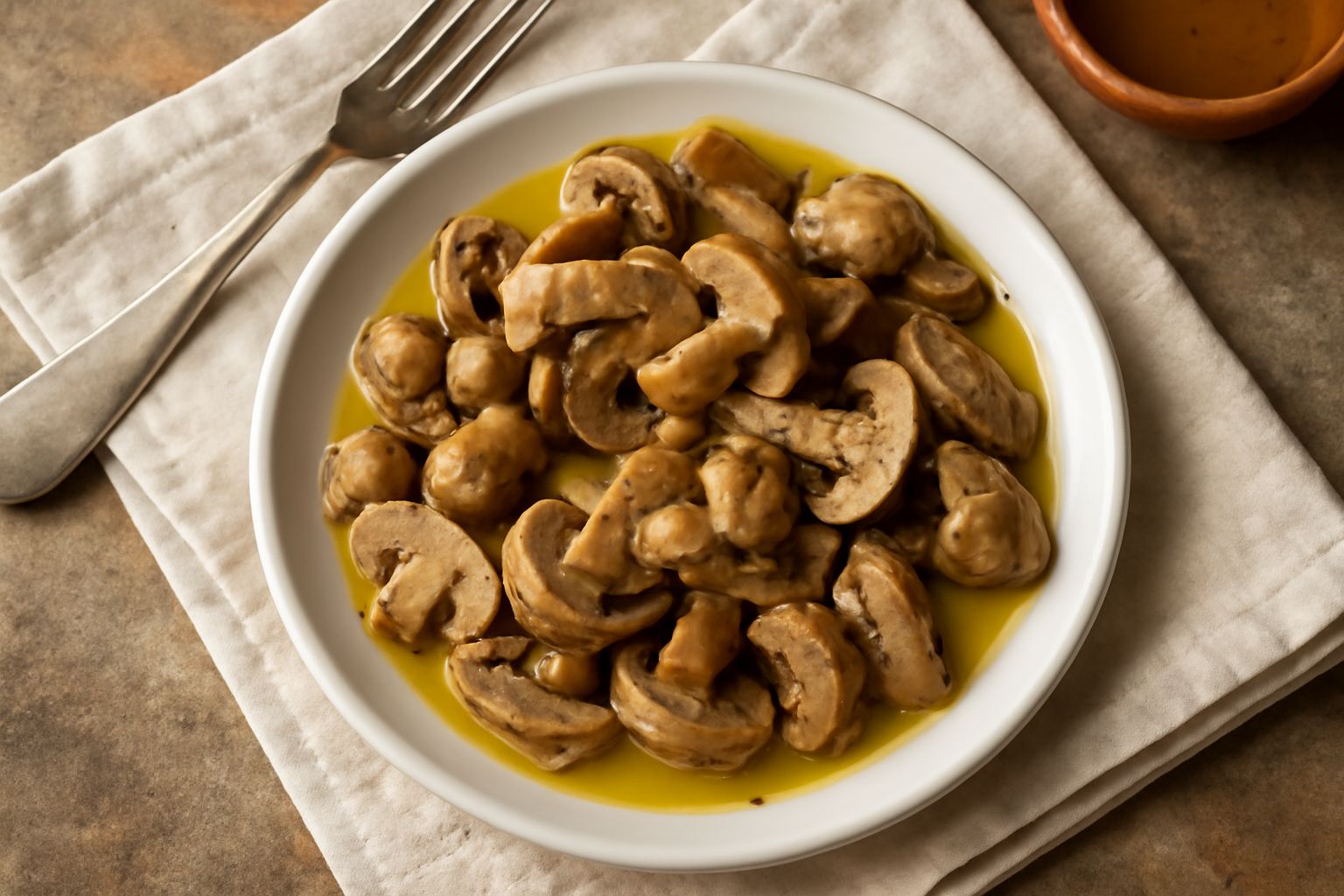 Vasetto di vetro trasparente con funghi bianchi e brunastri immersi in olio trasparente e rametti di timo, su tavolo di legno chiaro con spicchi d'aglio a lato
