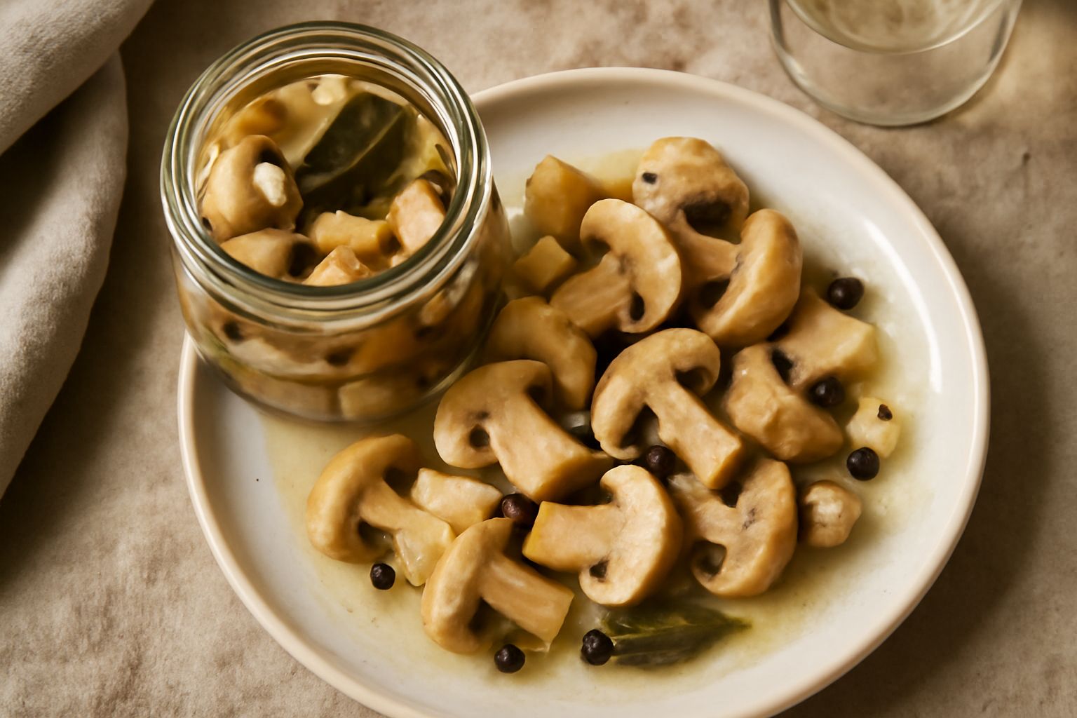 Barattolo di vetro trasparente con funghi sottovetro, visibili i pezzi di fungo color beige-marrone immersi in liquido trasparente con aglio bianco e spezie scure, etichetta bianca sul vetro, fondo sf