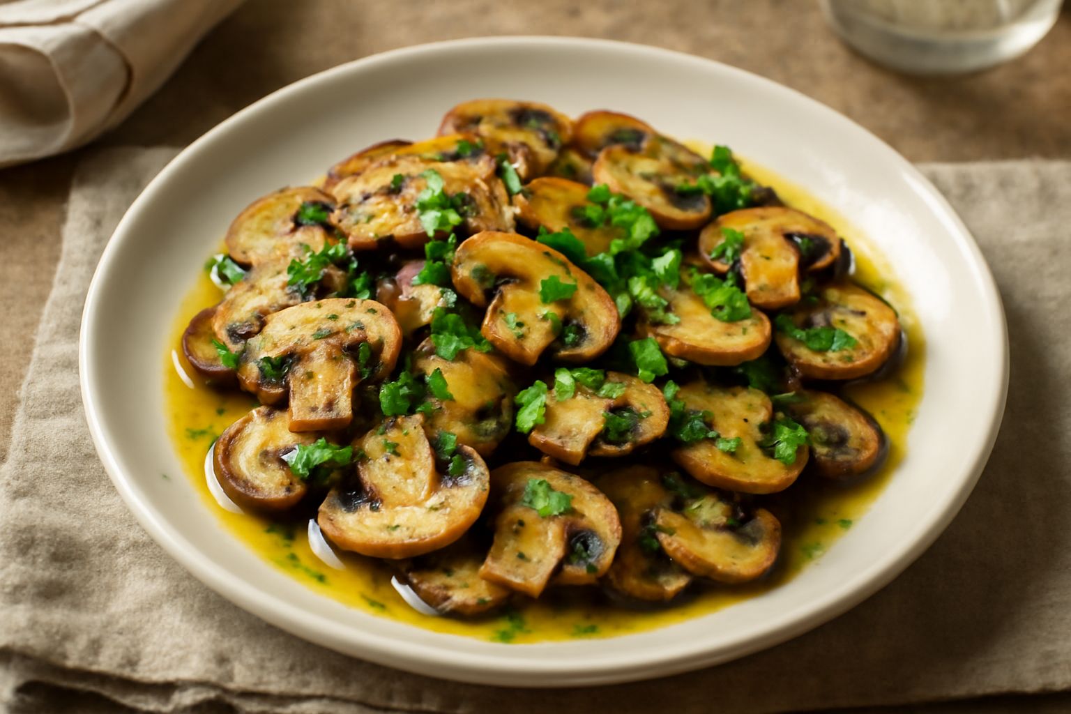 Funghi trifolati in un piatto bianco, marroni e dorati, con fili di prezzemolo fresco verde sulla superficie, olio trasparente visibile, aglio tenuemente colorato tra i funghi, contorno morbido di pia