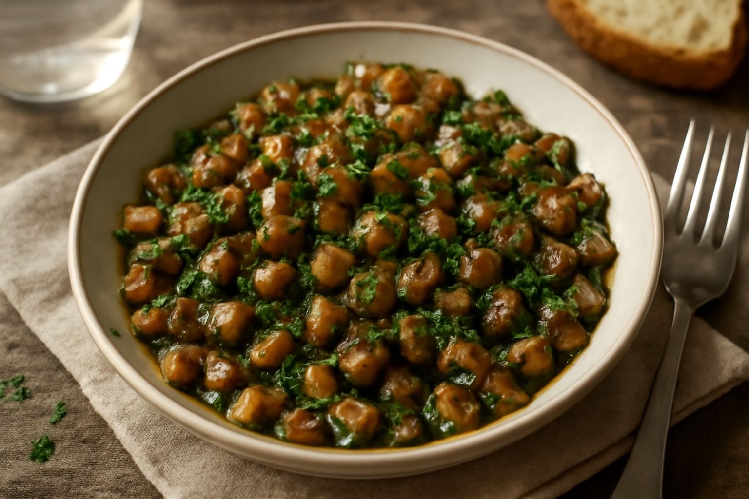 Funghi prataioli trifolati in una ciotola di vetro bianca, color marrone scuro dorato, cosparsi di prezzemolo fresco tritato verde, con gocce d'olio visibili in superficie