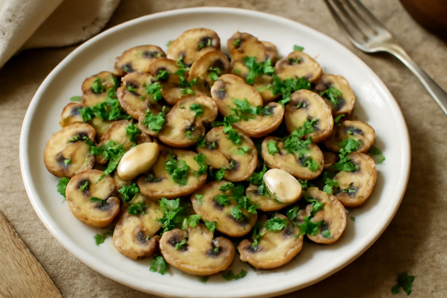 Funghi trifolati freddi in piatto bianco, tagliati a fette, dorati e lucidi di olio, con prezzemolo fresco verde e spicchi di aglio visibili, serviti a temperatura ambiente
