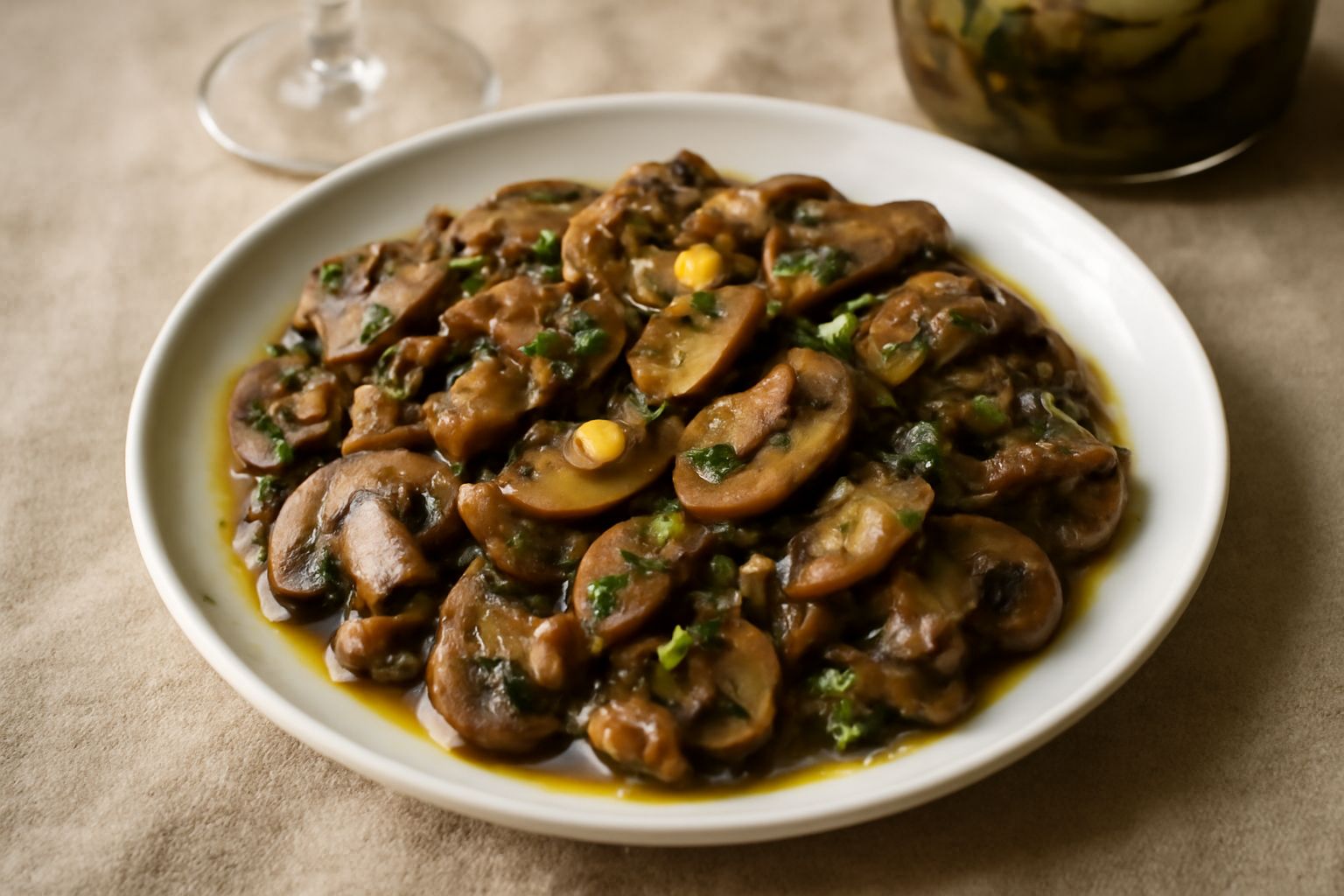 Funghi trifolati color nocciola in un barattolo di vetro trasparente con olio, aglio affettato e prezzemolo verde fresco visibile, su fondo di legno bianco