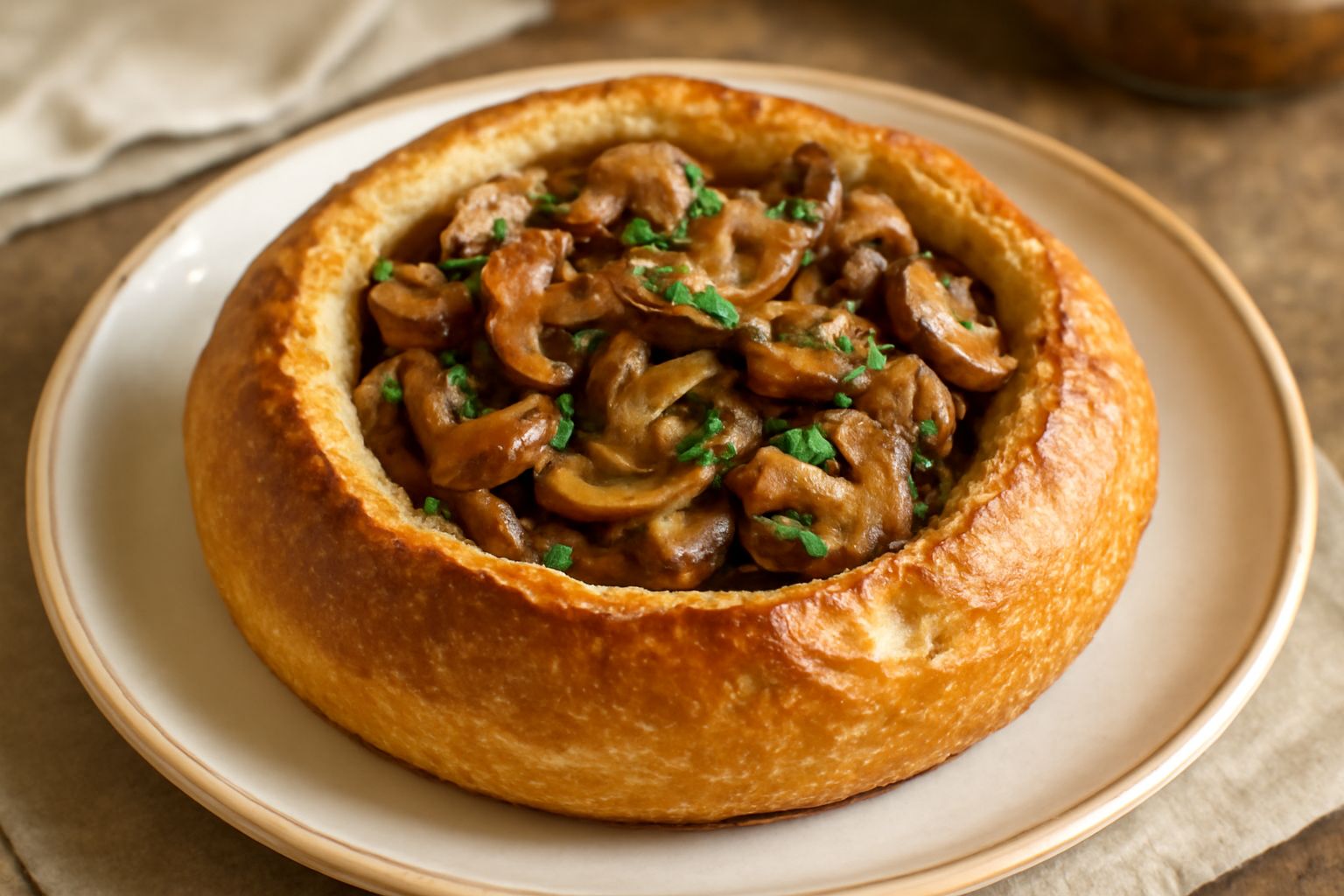 Mezza pagnotta di pane croccante e dorato cava al centro, riempita di funghi trifolati marrone dorati bagnati di olio, aglio e prezzemolo verde, vapore che esce dal ripieno, servita su un piatto bianc