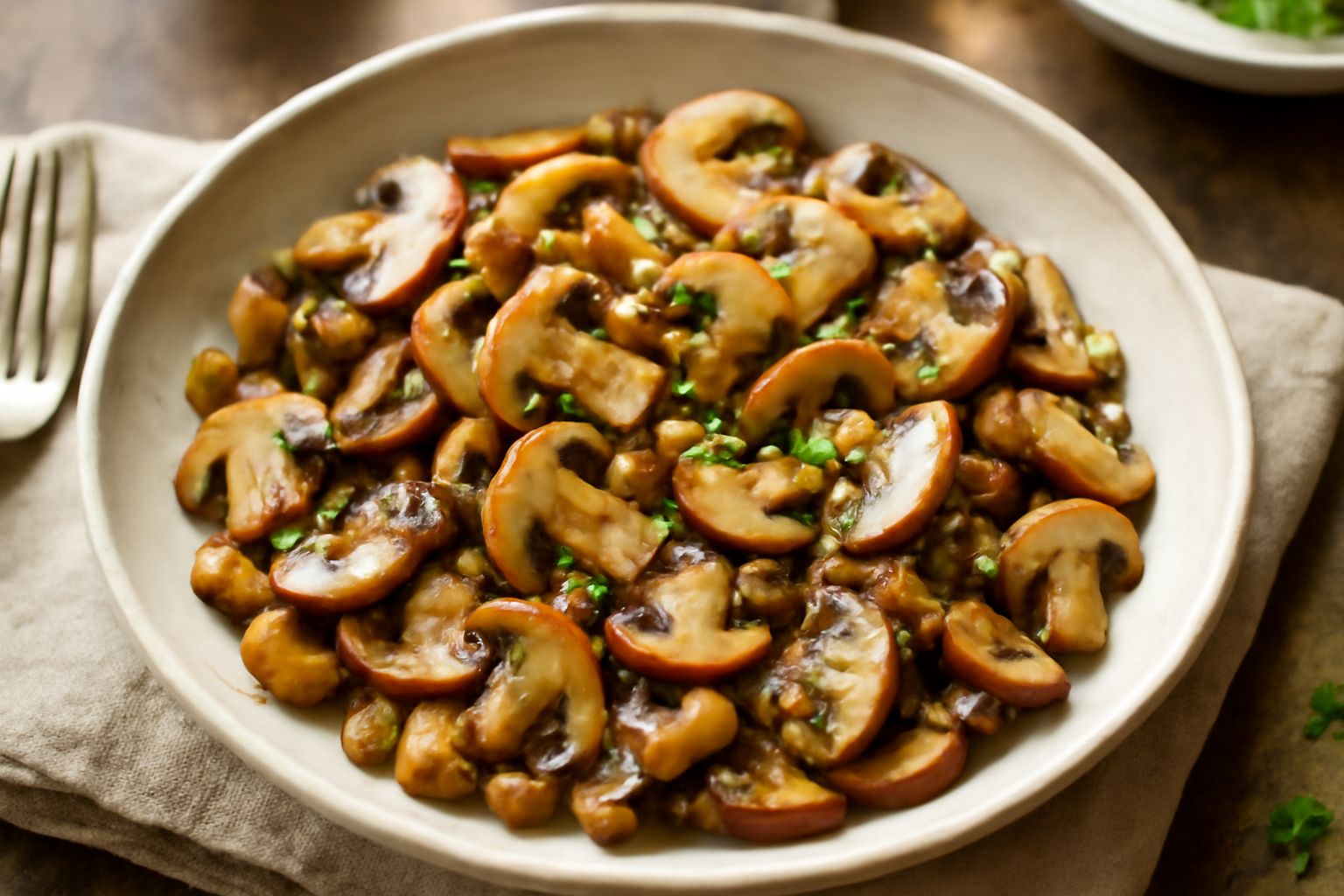 Funghi porcini e champignon affettati sottili in una padella di ferro, in olio dorato con spicchi d'aglio, prezzemolo fresco verde e pepe nero macinato, vapore di cottura visibile