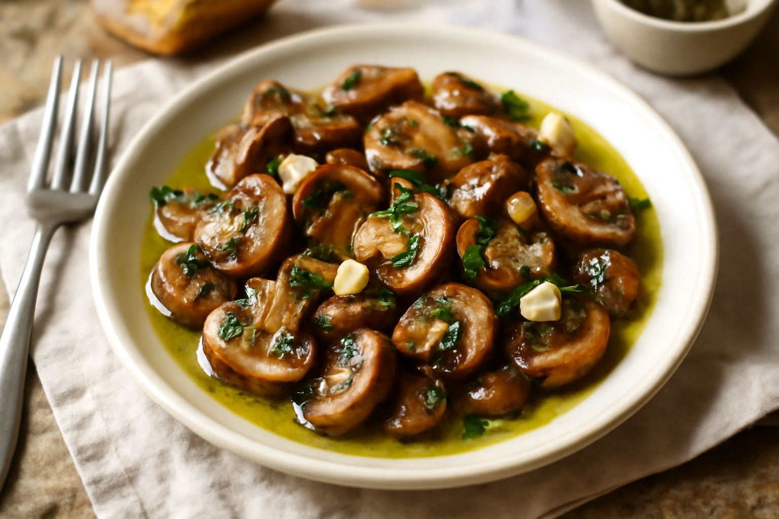 Funghi trifolati marrone scuro in ciotola di vetro con olio trasparente, aglio affettato visibile, prezzemolo fresco verde, serviti su sfondo bianco