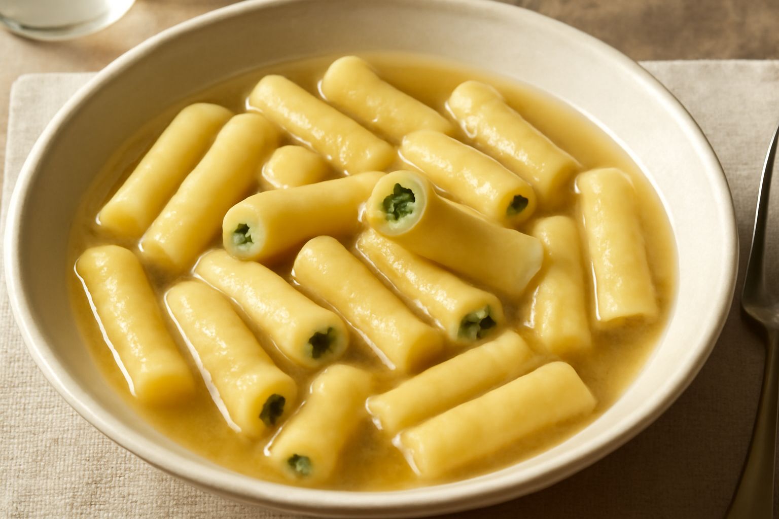 Fusellini cotti in piatto fondo bianco con brodo trasparente, ricoperti di parmigiano grattugiato e una manciata di prezzemolo fresco tritato, al centro della tavola
