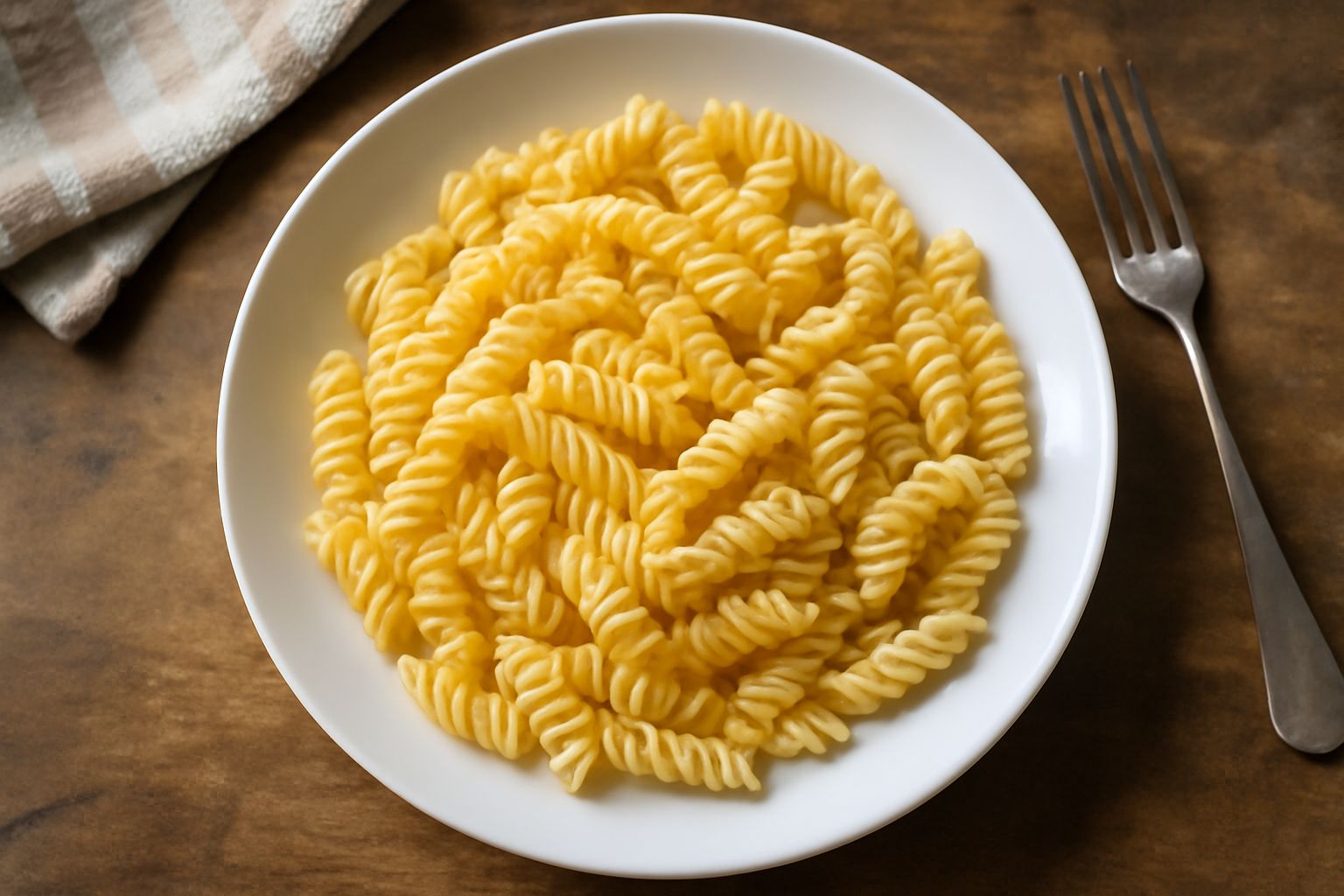 Fusilli gialli appena cotti, ben sgocciolati e sciolti, in una ciotola bianca con olio d'oliva che luccica e basilico fresco sopra