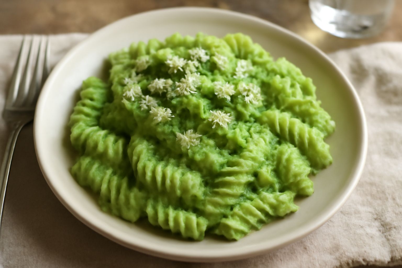 Fusilli con broccolo in un piatto bianco, il broccolo crudo e cotto si distribuisce tra le spire della pasta, una pioggia di parmigiano grattugiato in superficie, prezzemolo fresco verde sugli angoli 