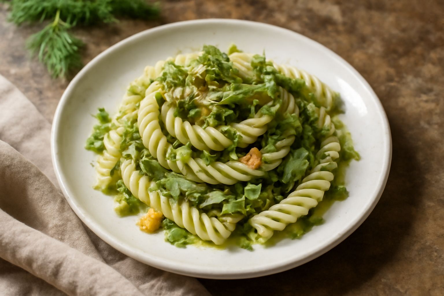 Piatto di fusilli bianchi conditi con finocchio selvatico verde chiaro, olio dorato e fili sottili di aglio, guarniti con peperoncino rosso, servito in ciotola bianca su tavolo di legno naturale