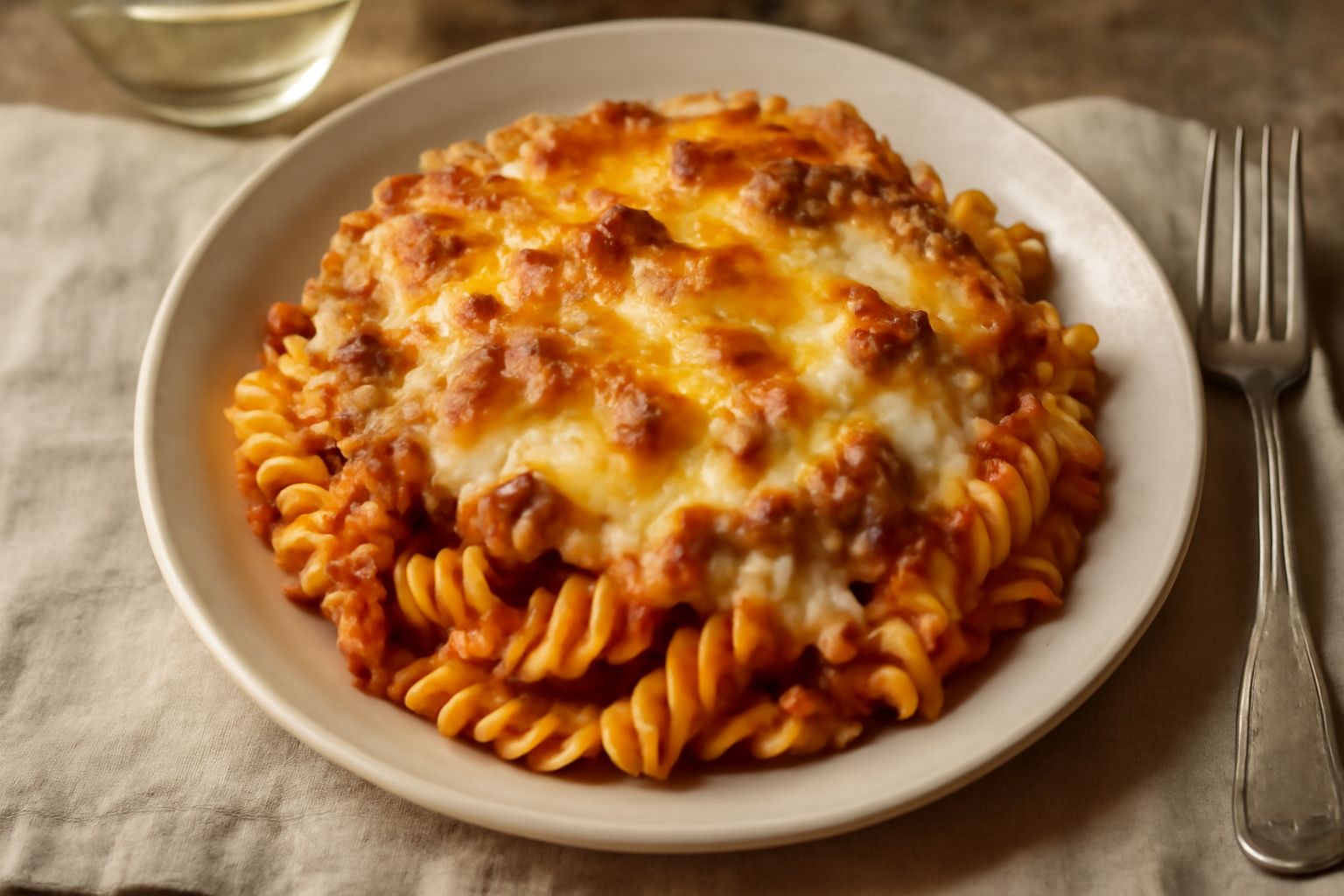 Fusilli al forno in pirofila di ceramica bianca, con superficie dorata e croccante, ragù rosso visibile tra le spire, formaggio grattugiato fuso, contorno di insalata verde fresca nel piatto