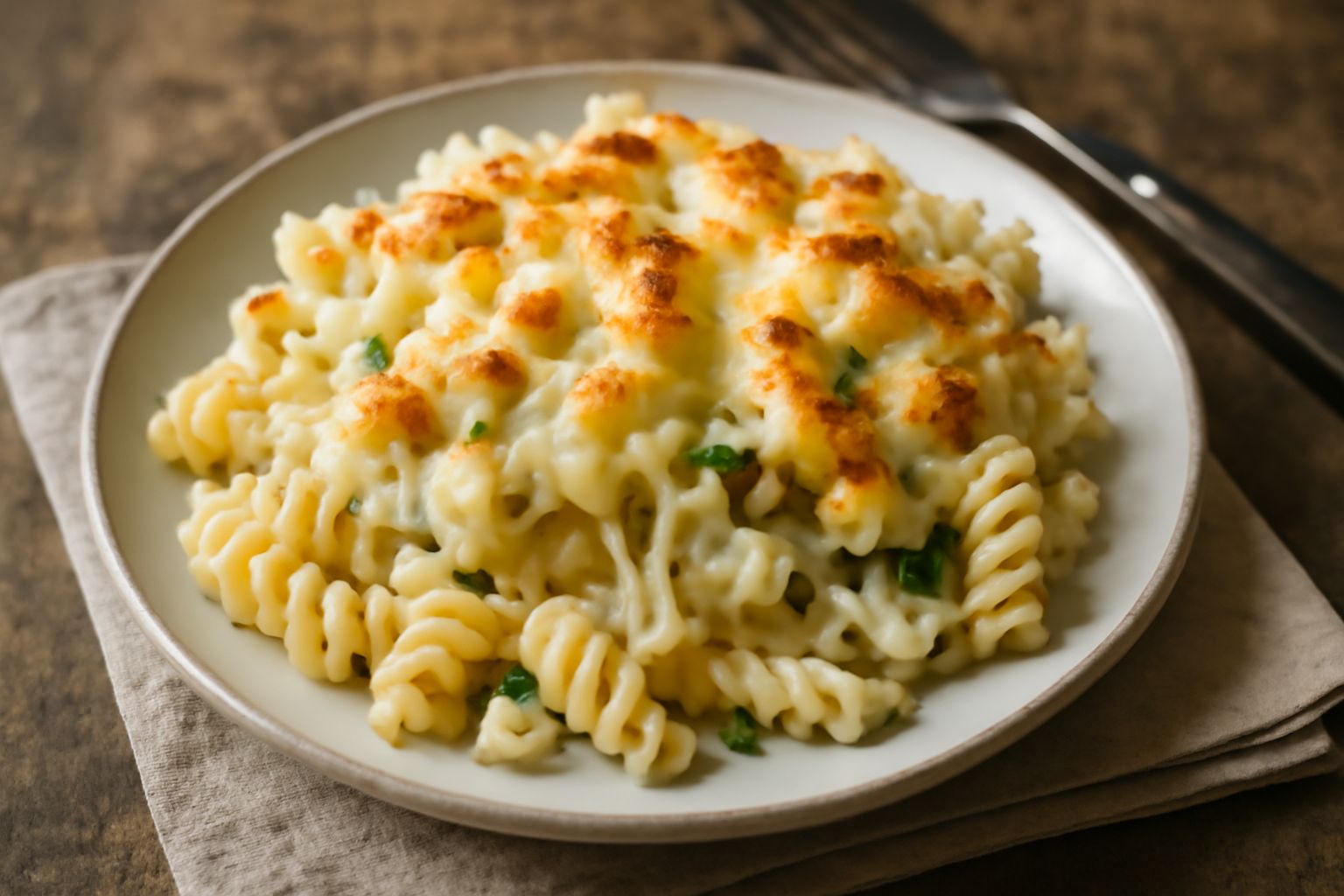 Fusilli al forno in bianco in piatto bianco, con superficie dorata e croccante, besciamella cremosa visibile tra la pasta, mozzarella filata, zucchine grigliate e contorno di insalata fresca verde