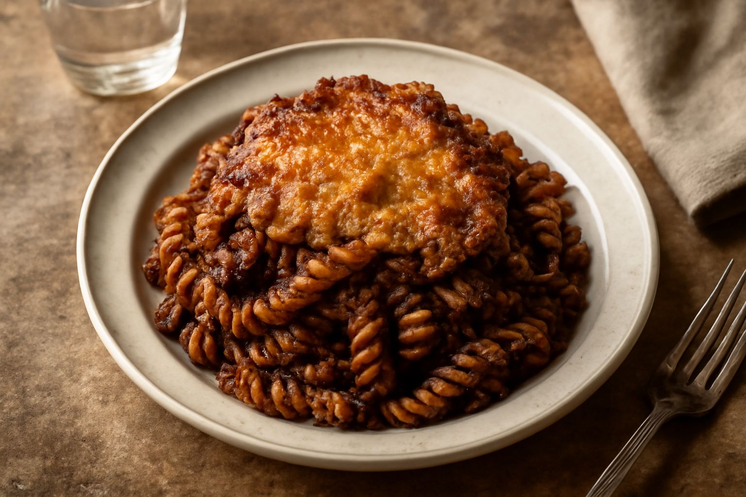 Fusilli al forno in pirofila di ceramica, con superficie dorata e croccante dal formaggio gratinato, ragù rosso scuro, pezzi di melanzana viola scura, e un cucchiaio di legno accanto
