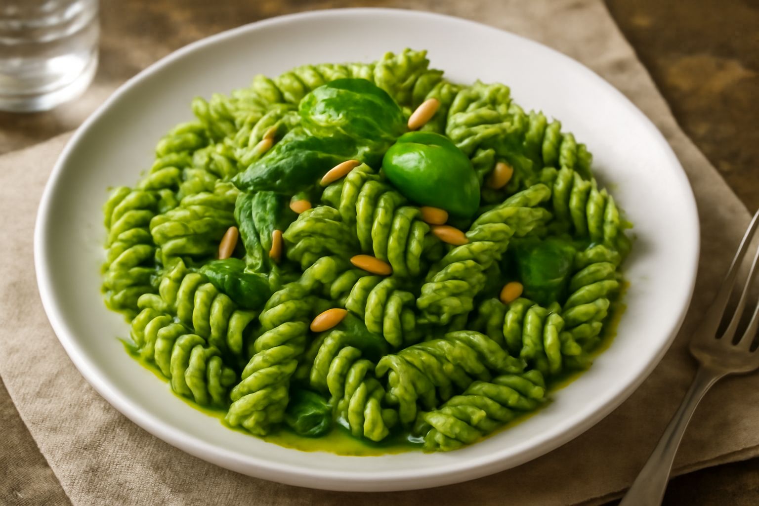 Fusilli verde pesto in piatto bianco, conditi generosamente con salsa verde di basilico, pinoli dorati e filo di olio d'oliva, accompagnati da foglia di basilico fresco e una grattugia