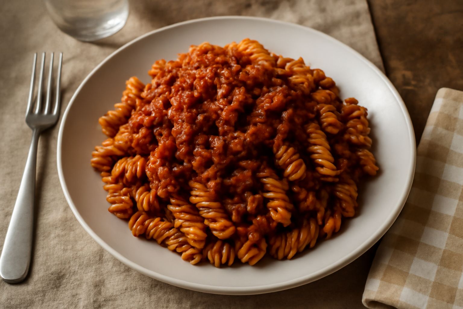 Piatto bianco con fusilli ricoperti di ragù rosso scuro, carne macinata visibile nel sugo, spolverato di parmigiano grattugiato e una foglia di basilico fresco