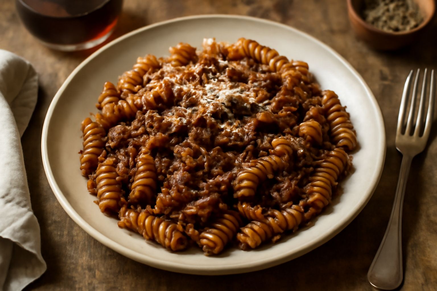 Fusilli al sugo di caccia in piatto bianco, pasta ricoperta di sugo marrone scuro e denso, piccoli pezzi di carne visibile, grana di Parmigiano grattugiata in superficie, fondo del piatto ben pulito