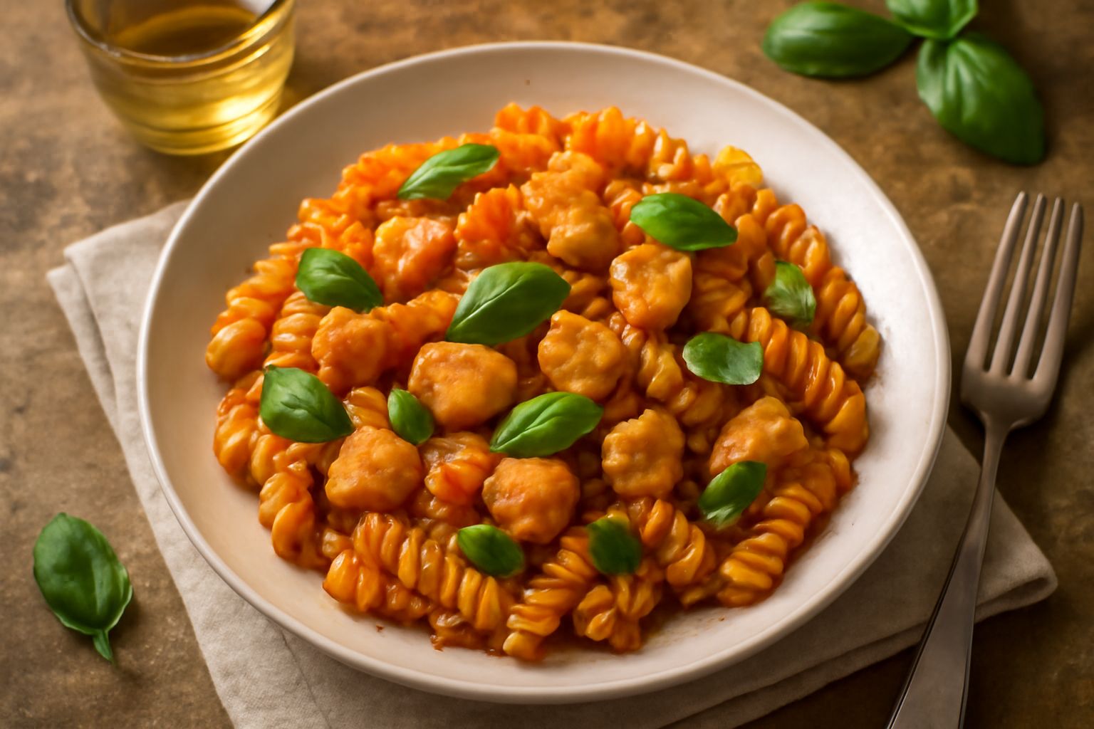 Piatto di fusilli bianchi conditi con sugo rosso di pomodoro e pesce spada in bocconcini, guarnito con basilico fresco verde e un filo di olio d'oliva