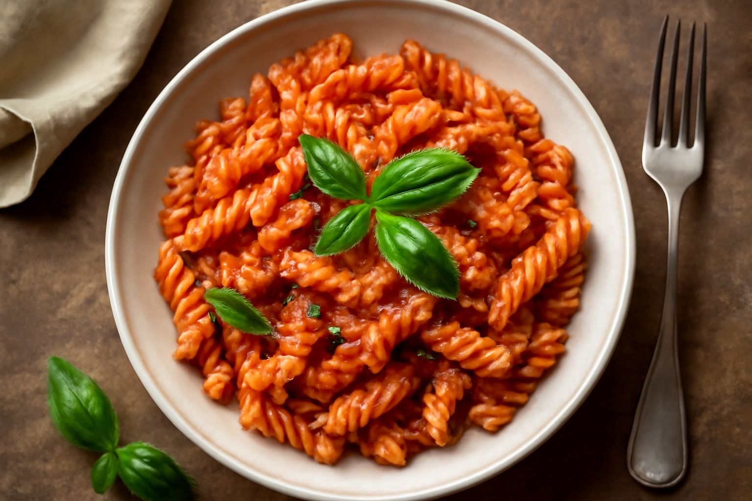 Piatto di fusilli al sugo di pomodoro rosso vivo, conditi con olio extravergine lucido, foglia di basilico fresco verde scuro, parmigiano grattugiato bianco in rilievo sulla superficie, serviti in pia