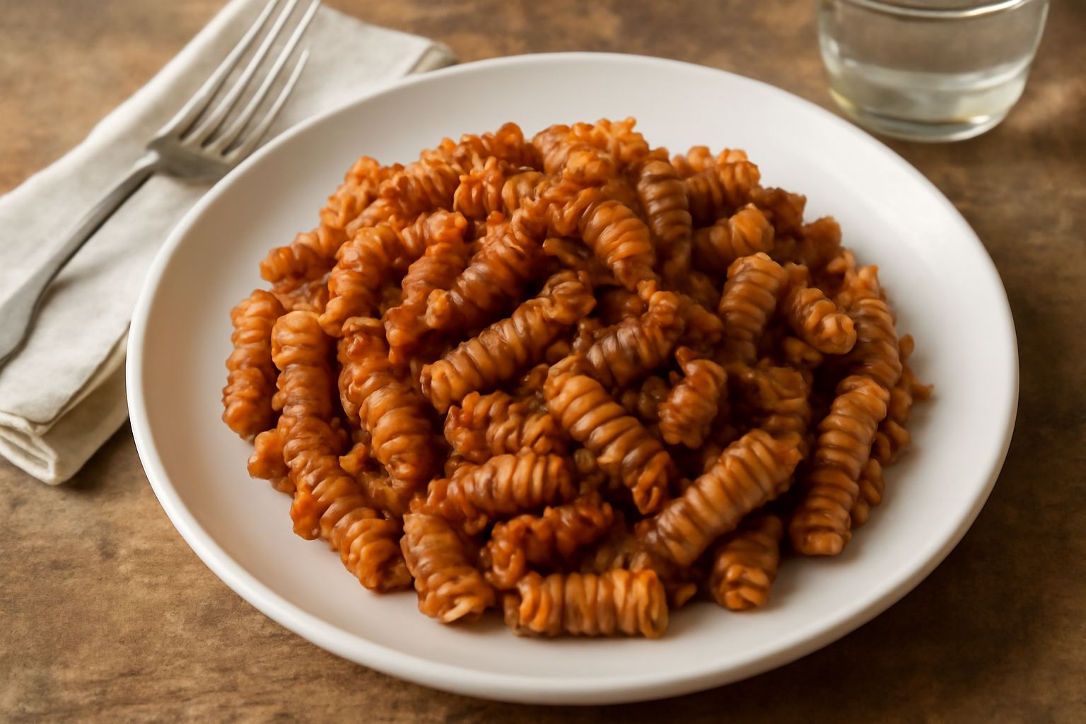 Piatto di fusilli ricoperti di ragù rosso brunastro con pezzetti visibili di vitello tenero, guarnito con una leggera spolverata di parmigiano reggiano grattugiato e un filo di olio d'oliva