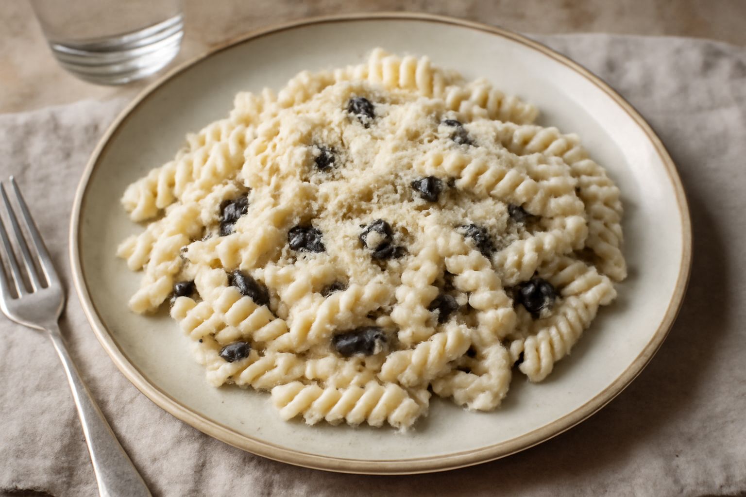 Fusilli cremosi al tartufo nero serviti in piatto bianco, conditi di burro luminoso, pezzetti di tartufo visibili e scaglie di parmigiano grattugiato fresco