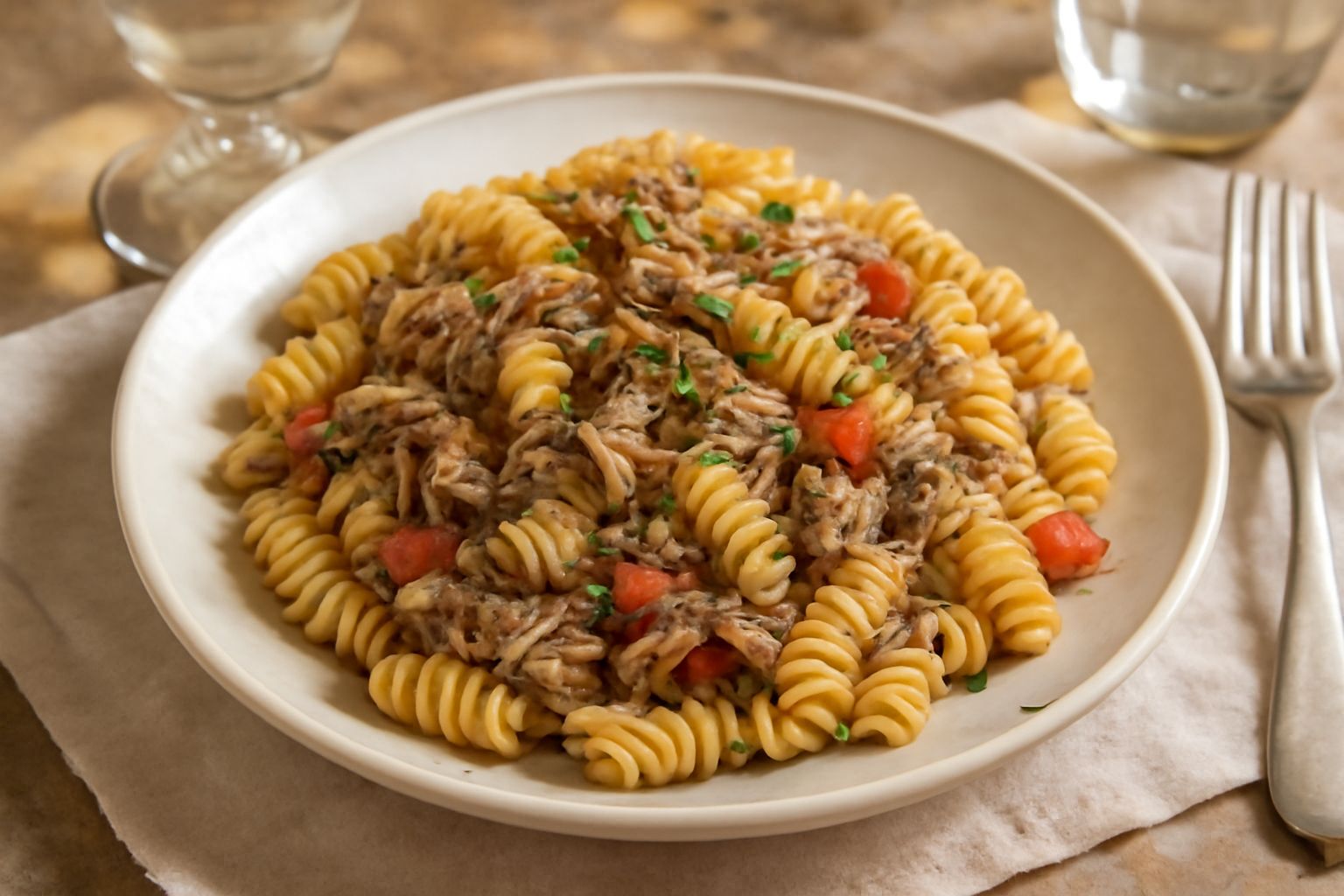 Un piatto di ceramica bianca con fusilli conditi di tonno affumicato, pomodori rossi, prezzemolo fresco verde e gocce di olio dorato. Sfondo neutro grigio.