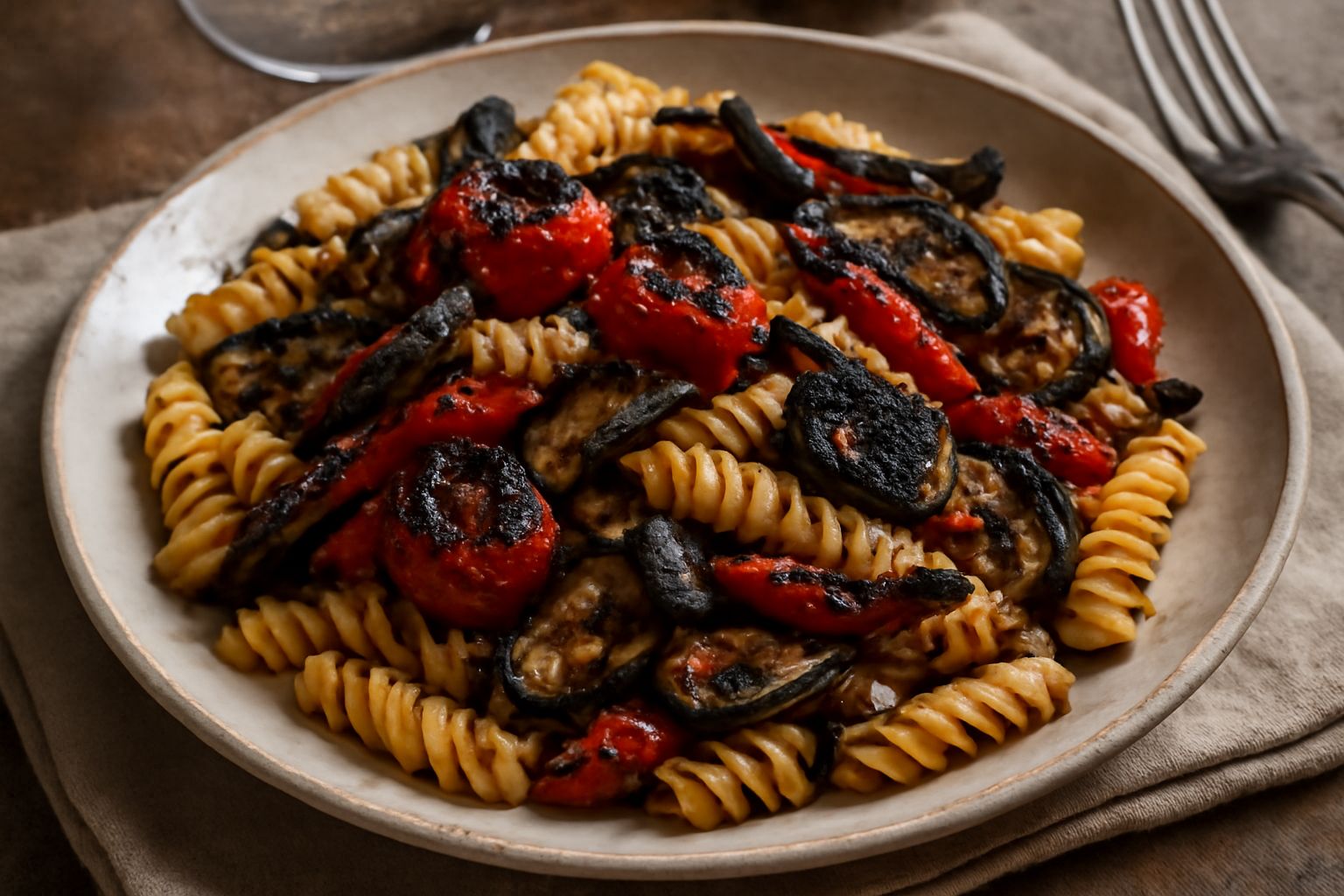 Piatto di fusilli ondulati color oro con verdure grigliate nere e caramellate, pomodori affumicati rossi scuri, foglie di basilico verde, conditi con olio dorato, su piatto bianco ampio