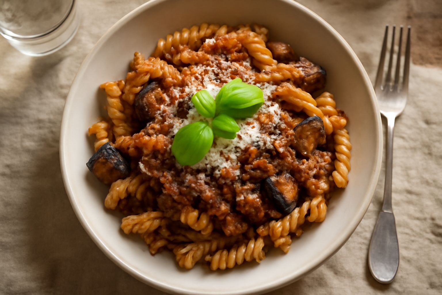 Piatto fondo di fusilli gialli raccolti con melanzane scure, pezzi di carne ragù, pomodori rossi, grana grattugiato bianco e basilico verde fresco in cima