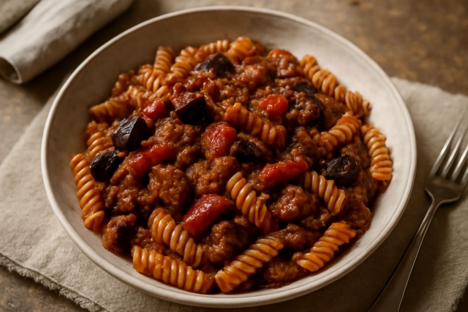 Piatto di fusilli ricoperti di ragù rosso scuro con pezzi visibili di melanzane viola e peperoni rossi, tonda bianca, servito su tavolo di legno con formaggio grattugiato a lato