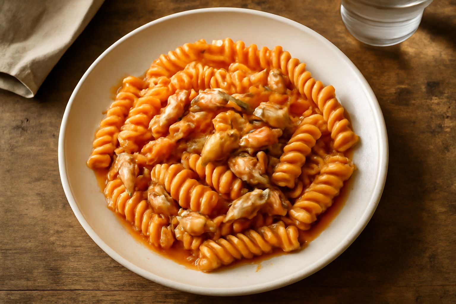 Piatto di fusilli pieni di pesce azzurro sgombrato in filetti, salsa di pomodoro rosso, aglio soffritto dorato, olio d'oliva lucente, prezzemolo verde fresco tritato, servito in piatto bianco fondo co