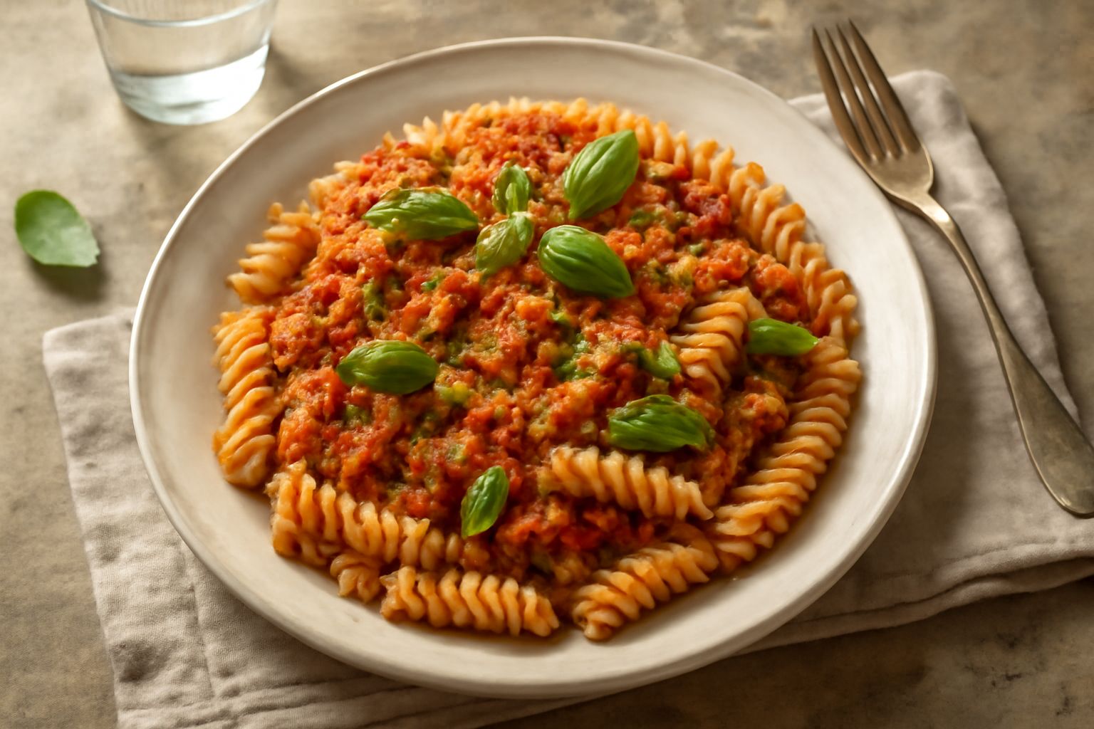 Piatto di fusilli ricoperti di salsa verde e rosso con pistacchio tritato, foglie di basilico fresco e gocce d'olio su fondo bianco