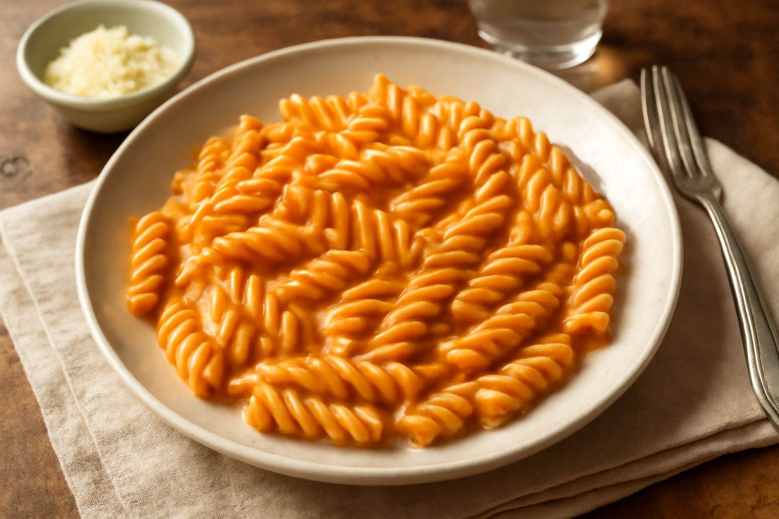 Fusilli avvolti in salsa cremosa rosata, guarniti con basilico fresco e parmigiano grattugiato, impiattati in un piatto bianco fondo, vapore visibile dalla salsa calda