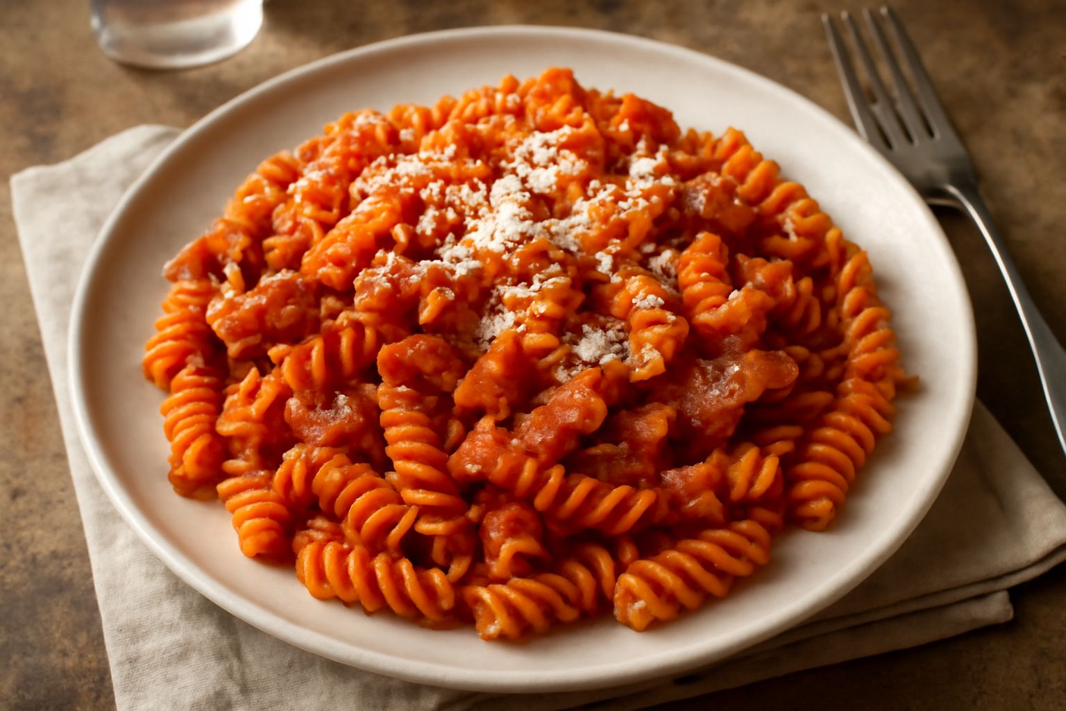 Piatto di fusilli rossi con salsa di pomodoro, pezzi di guanciale croccante, spolverata di pecorino romano grattugiato, serviti in piatto bianco fondo su tavolo di legno scuro