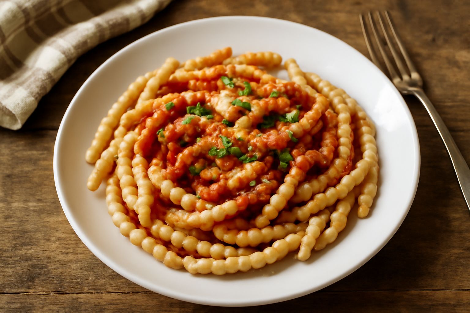 Fusilli calabresi biancastri ritorti su piatto bianco fondo, conditi con ragù rosso e spolverata di pepe nero, con forchetta accanto e panno a quadri sullo sfondo