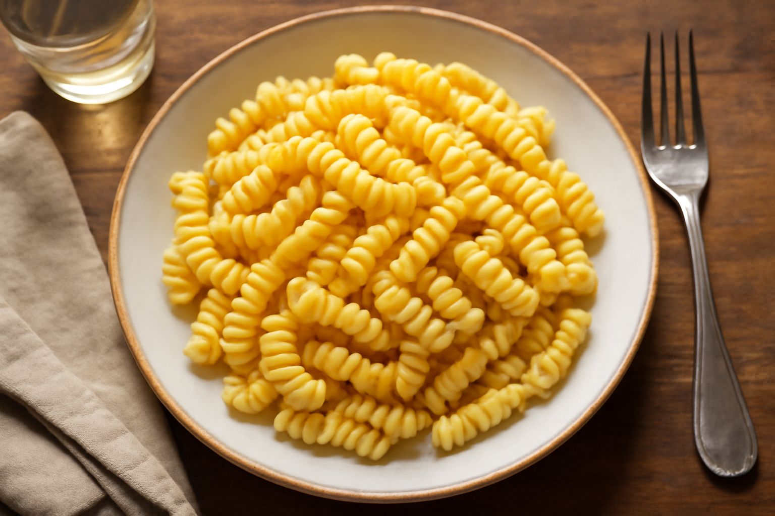 Fusilli appena cotti, di colore giallo dorato, serviti in un piatto bianco con un filo di olio extravergine, una spolverata di parmigiano grattugiato e basilico fresco verde.