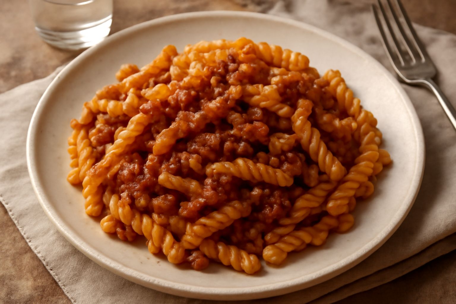 Fusilli caserecci crudi disposti su un piano di legno, spirali irregolari color ambra naturale con superficie ruvida e ricca di solchi, alcuni ancora spolverades di farina bianca