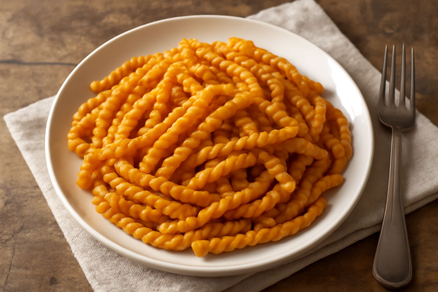 Piatto di fusilli color ambra con ferro visibile nella pasta, conditi con pomodori freschi rossi e basilico verde, parmigiano grattugiato sparso in superficie, servito in ciotola bianca su tavolo di l