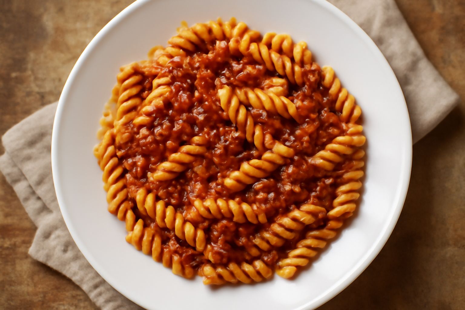 Fusilli conditi con ragù rosso scuro serviti in un piatto bianco, guarniti con parmigiano grattugiato, basilico fresco e un filo d'olio extravergine, vista dall'alto