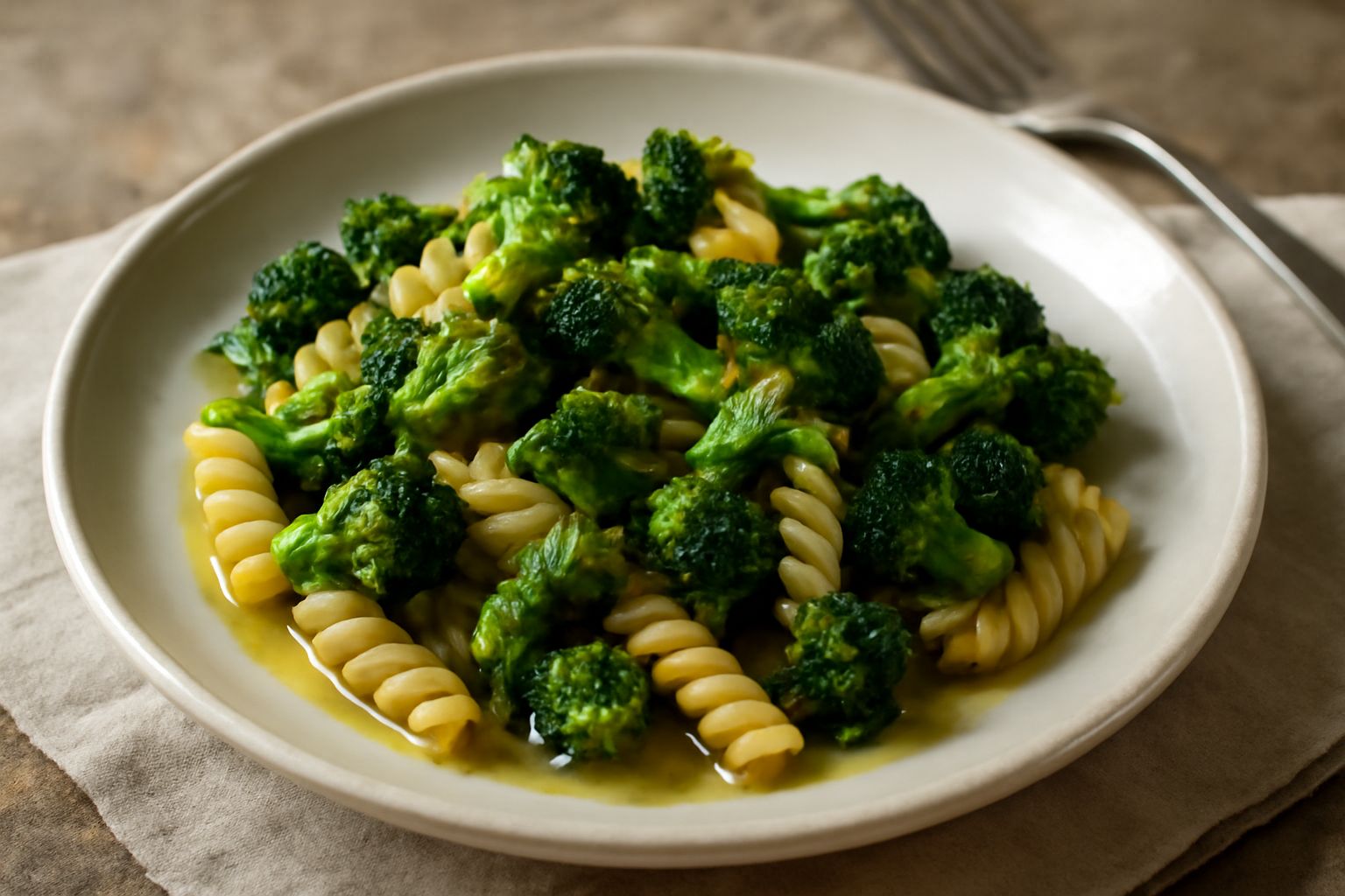 Piatto di fusilli bianchi ricoperti di broccoli verde scuro rosolati, con gocce d'olio lucido, pezzetti di aglio dorato e filamenti di peperoncino rosso, serviti in ciotola bianca
