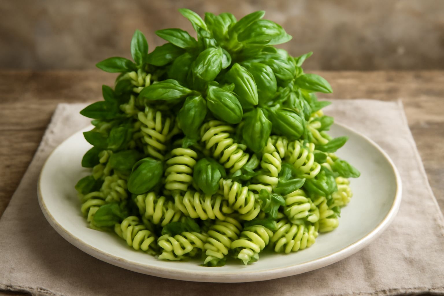 Un piatto bianco con fusilli ricoperti di foglie di basilico fresco verde brillante, olio dorato e aglio, con texture della pasta visibile, leggera spruzzata di parmigiano e un filo di olio a crudo