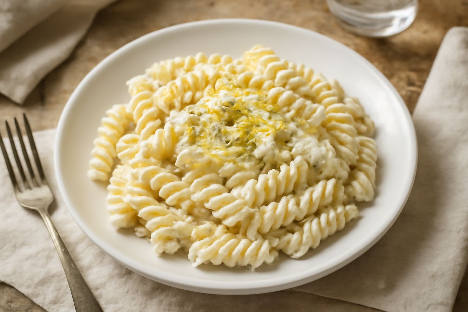 Piatto bianco con fusilli ricoperti di ricotta cremosa color avorio, scorzetta di limone grattugiata sulla superficie, pepe nero in grani visibili, prezzemolo fresco tritato come guarnizione finale
