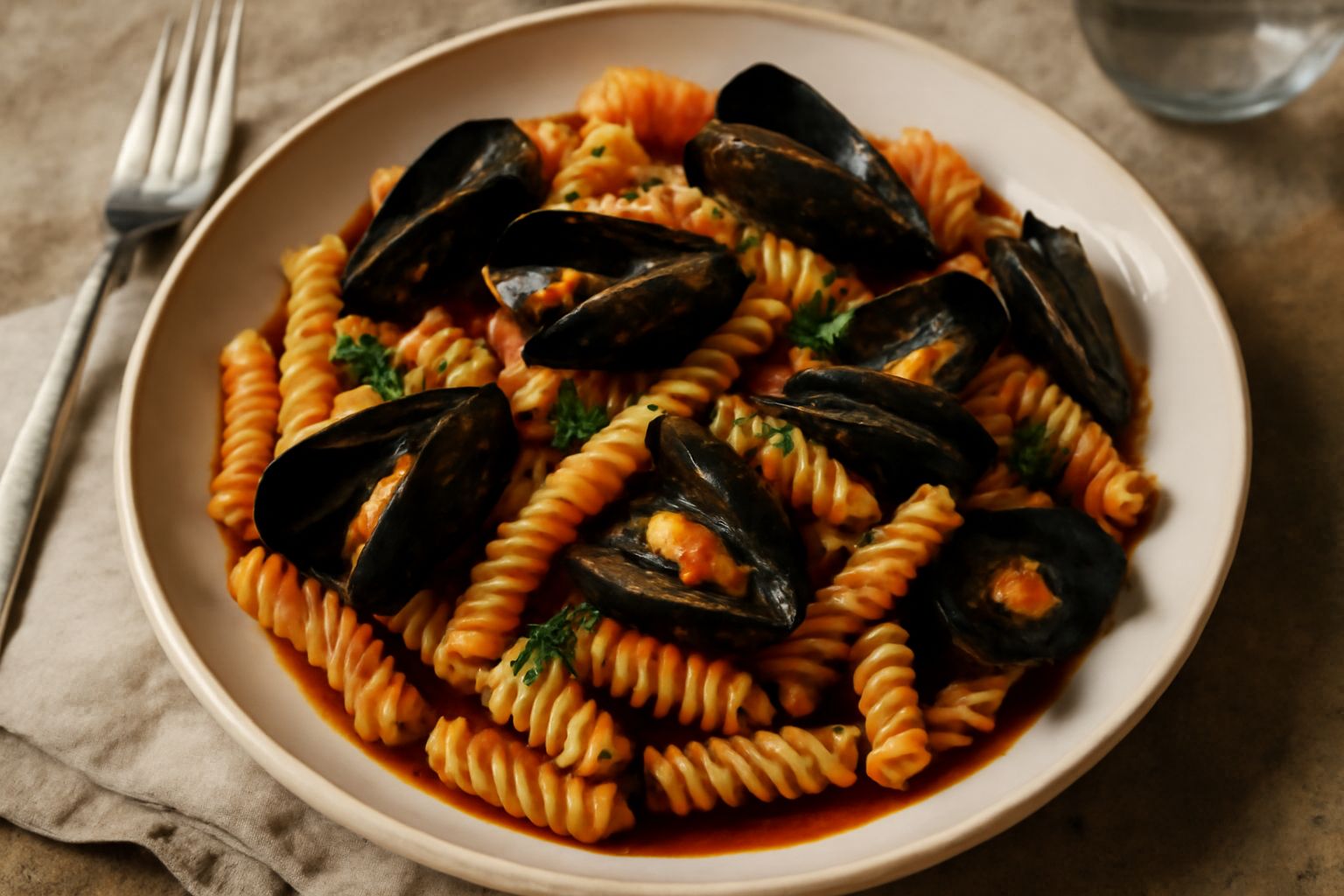 Piatto di fusilli con cozze in salsa di pomodoro: pasta rigatata avvolta con molluschi aperti e scuri, aglio soffritto, prezzemolo fresco spezzettato sulla superficie, servito in scodella bianca su ta
