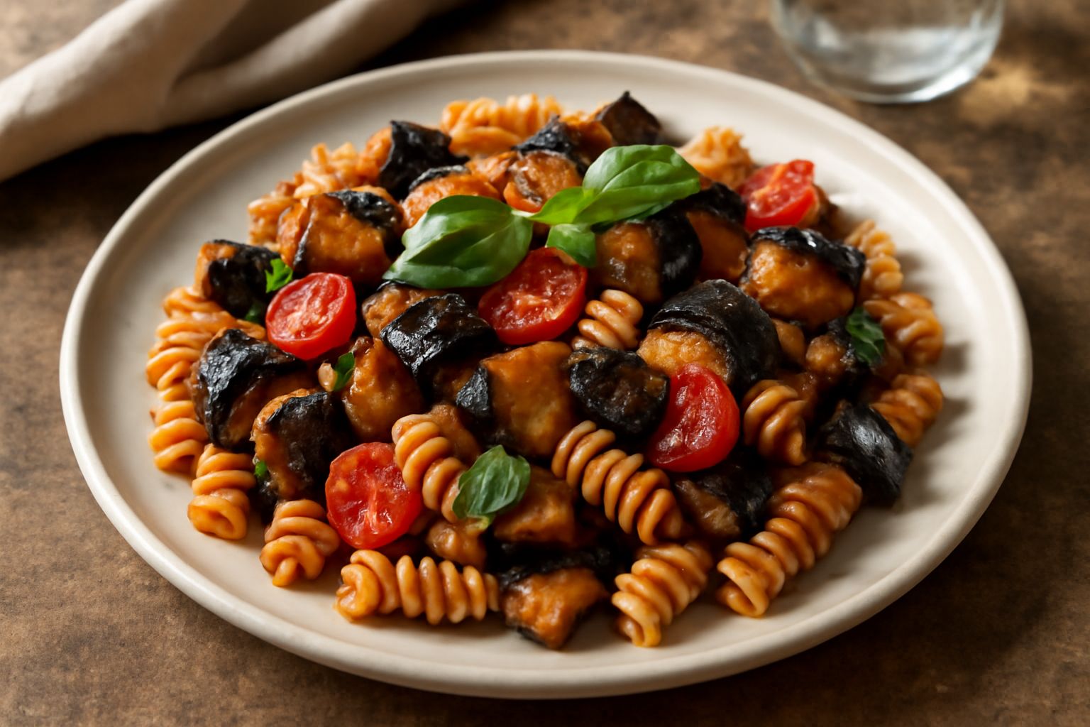 Piatto di fusilli ricurvi color ocra con melanzane scure rossolate, pomodori rossi, basilico fresco verde e un filo di olio lucente; servito su piatto bianco con contorno di melanzane e pomodori spars