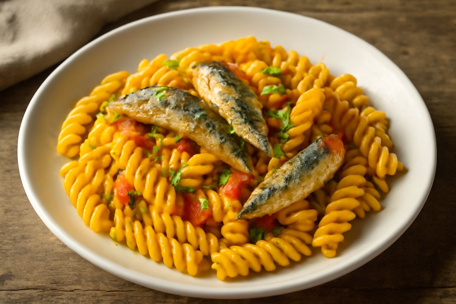 Piatto di fusilli con sarde: pasta rigatona con filetti di pesce azzurro, finocchietto verde e fili di zafferano giallo oro, condimento giallo-rosso a base di pomodoro e spezie, impiattamento semplice