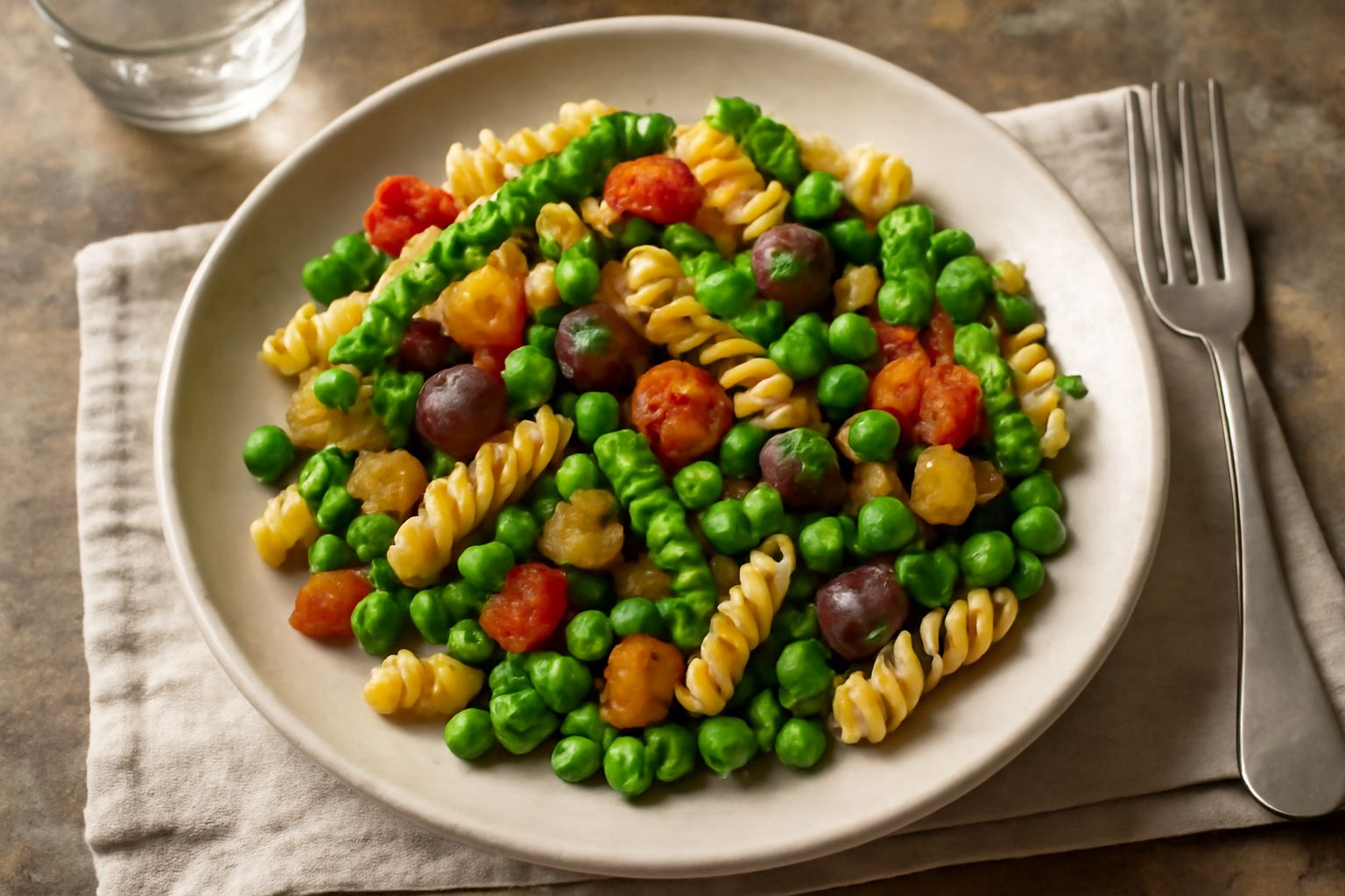 Piatto di fusilli con zucchine verdi, pomodori rossi, melanzane viola e carote tagliate a pezzi, conditi con olio verde, basilico fresco e parmigiano grattugiato, su fondo bianco