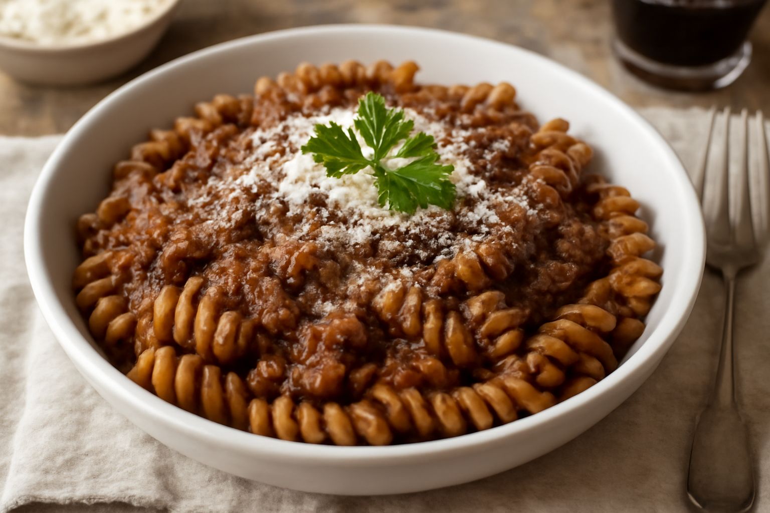 Piatto di fusilli ricoperti di ragù di cinghiale scuro e denso, guarnito con parmigiano grattugiato e prezzemolo fresco, servito in bianco con una forchetta sulla sinistra